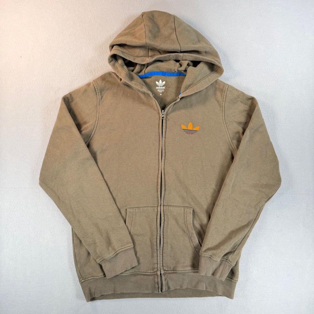 Y2K Adidas Originals Mens Trefoil Logo Full Zip Hoodie Brown Fleece Sweatshirt M